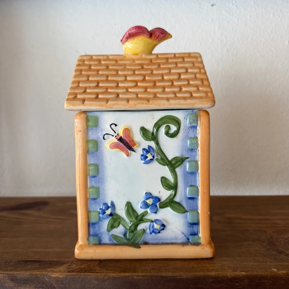 3pc Alco Industries Ceramic Birdhouse Canister Set Floral Butterfly Bird House